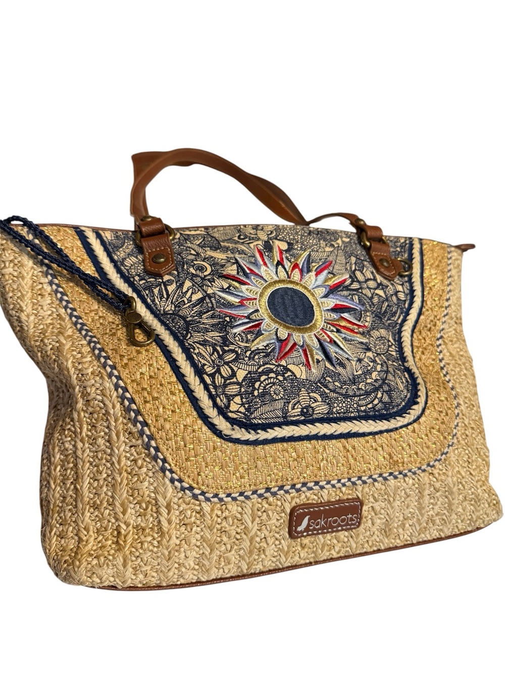 Sakroots Straw Tote Bag Sunflower Embroidered Boho Coastal Purse - Picture 5 of 13